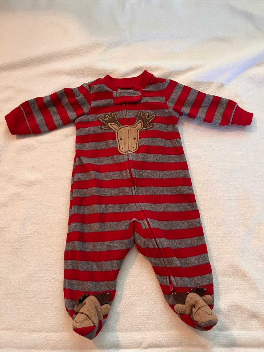 Carter's Red and Gray Striped Moose Footed One-Piece
